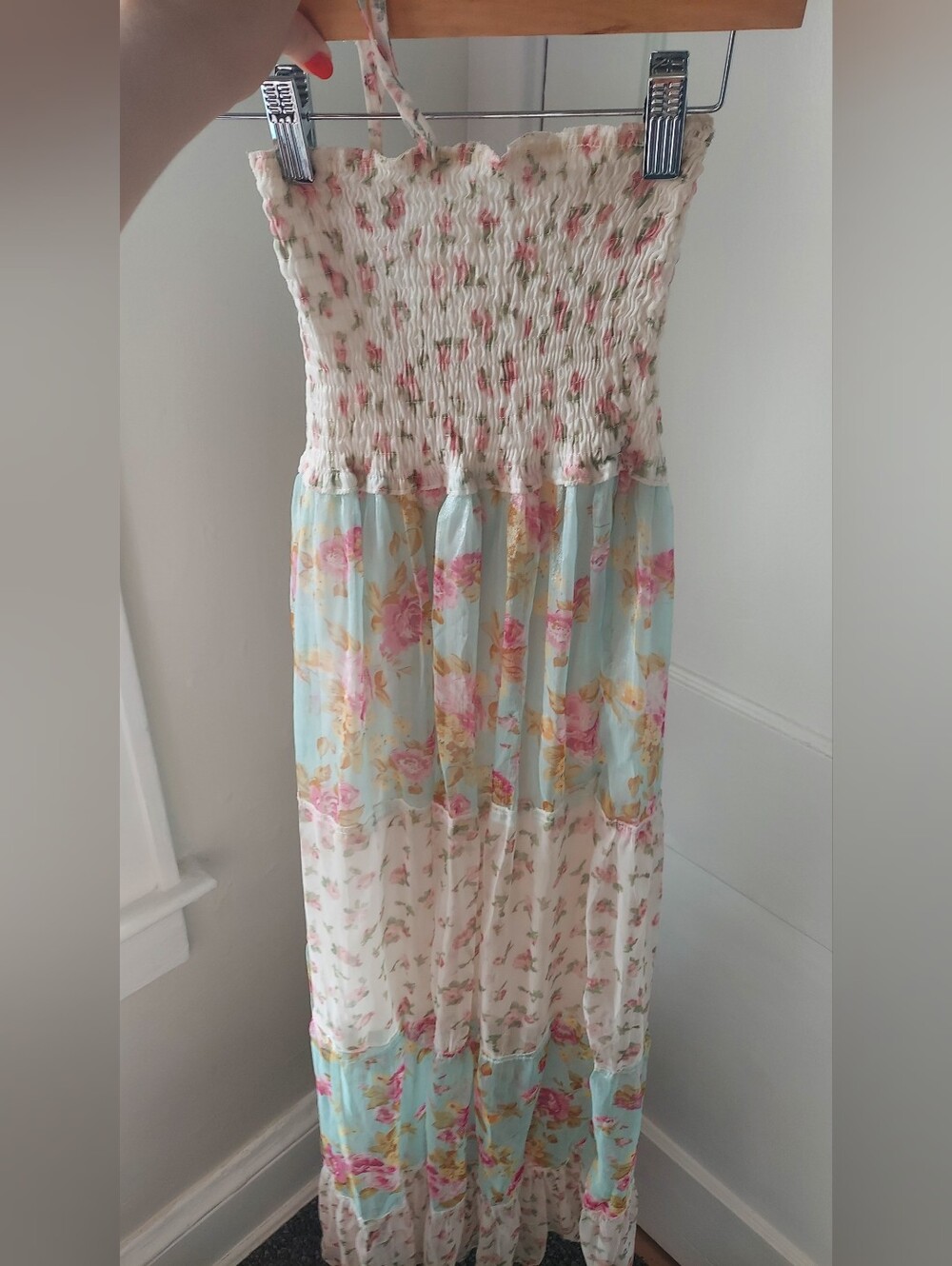 Altar'd State Floral Smocked Maxi Dress in Cream, Light Blue, Pink